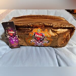 Ed Hardy Love Kills Slowly Gold Metallic Snake Embossed Faux Leather Clutch
Bag